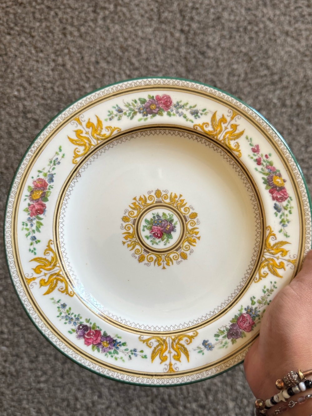 Columbia White Dinner Plate with Pink Floral & Gold Accents
